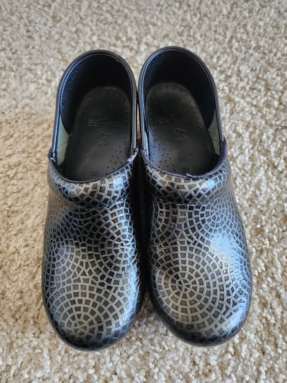 Dansko Black and Gray Mosaic Leather Clogs